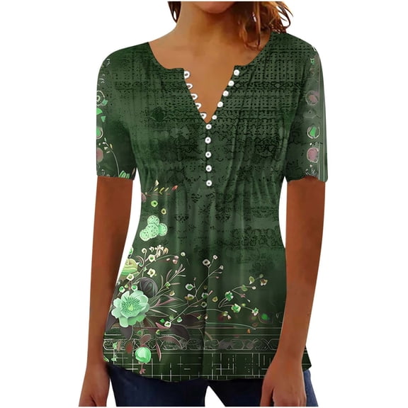 Tnhcen Women's Summer New Short Sleeve Henley Button-Up - Printed Casual Shirts with Pleated Details | Stretchy Tops (S-3XL) Everyday Wear