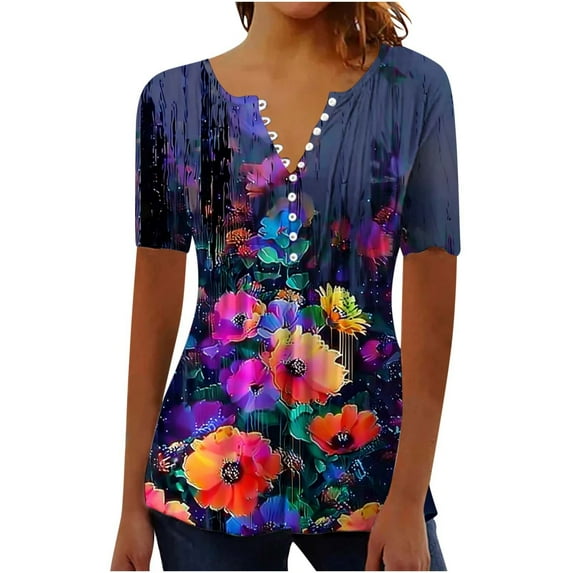 Tnhcen Women's Summer New Short Sleeve Henley Button-Up - Printed Casual Shirts with Pleated Details | Stretchy Tops (S-3XL) Everyday Wear