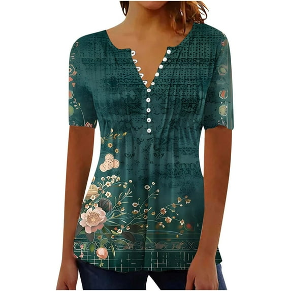Tnhcen Women's Summer New Short Sleeve Henley Button-Up - Printed Casual Shirts with Pleated Details | Stretchy Tops (S-3XL) Everyday Wear