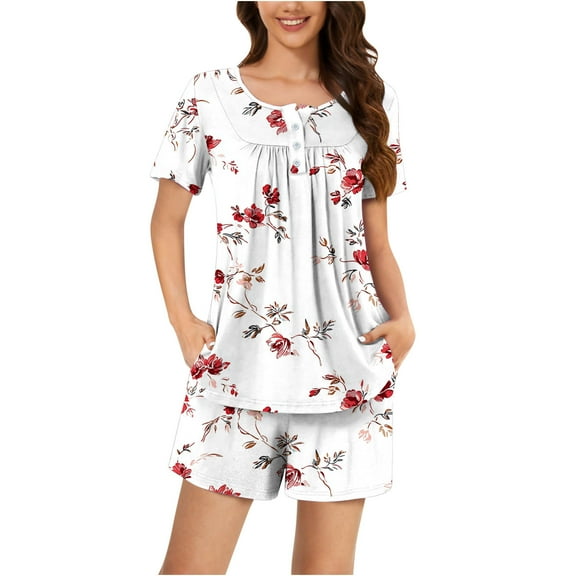 Tnhcen Women's Summer Pajama Sets 2 Piece Sleepwear Henley Neck Short Sleeve Short Shorts With Pockets Home Clothes S-3XL