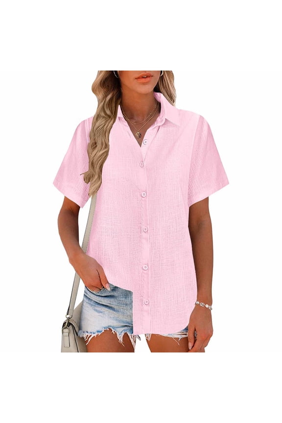 Women's Summer Pink Short Sleeve Shirt, Turn-Down Collar Casual Blouse with Curved Hem, 100% Polyester Bamboo Linen Look Top, Sizes S-2XL