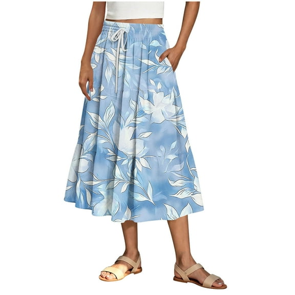 Tnhcen Women's Summer Polka Dot High Waist Longline Midi Skirt Elastic Waist Drawstring Plus Size S-2XL Polyester Casual A-Line Skirt with Pockets