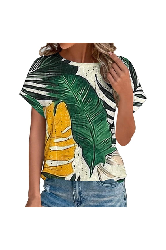 Women's Summer Printed Crew Neck Short Sleeve Tops – Arc Hem Breathable Mesh Blouses Plus Size Friendly S-3XL Polyester Spandex Tops