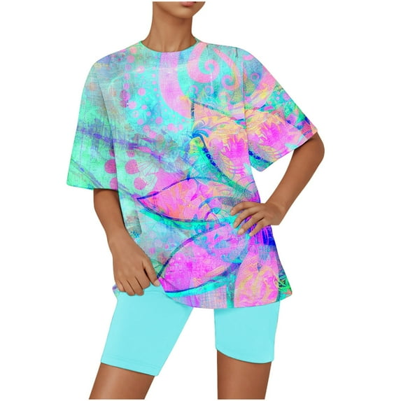 Tnhcen Women's Summer Printed Crewneck Short Sleeve Top & Shorts Set | Casual Home Wear | Stretchy Polyester Spandex | S-3XL