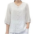 thumbnail image 1 of Tnhcen Women's Summer Retro Embroidery V-neck Cotton Linen Blouse | Semi-Sleeve Casual Shirts for Women | Plus Size Friendly (M-3XL) Breathable Tops, 1 of 3