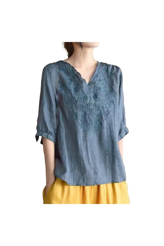 Women's Summer Retro Embroidery V-neck Cotton Linen Blouse | Semi-Sleeve Casual Shirts for Women | Plus Size Friendly (M-3XL) Breathable Tops