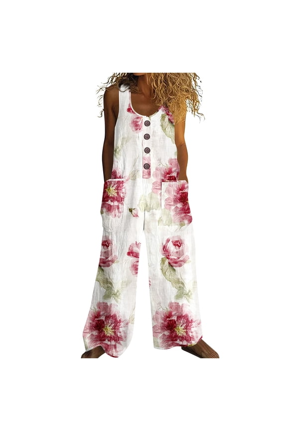 Women's Summer Retro Floral Button Romper Linen-Look Jumpsuit Retro Print Wide-Leg Romper with Pockets Casual Boho Jumpsuit S-2XL