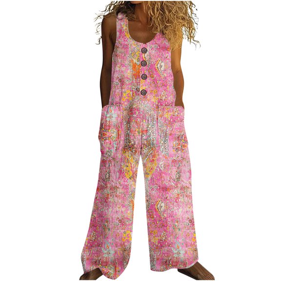 Tnhcen Women's Summer Retro Floral Button Romper Linen-Look Jumpsuit Retro Print Wide-Leg Romper with Pockets Casual Boho Jumpsuit S-2XL