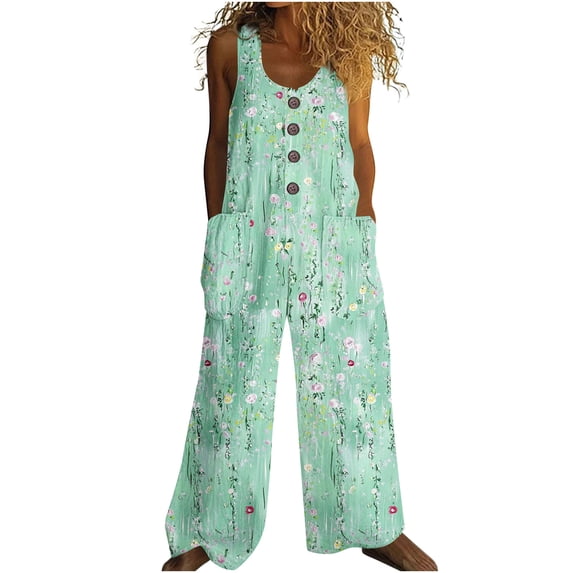 Tnhcen Women's Summer Retro Floral Button Romper Linen-Look Jumpsuit Retro Print Wide-Leg Romper with Pockets Casual Boho Jumpsuit S-2XL