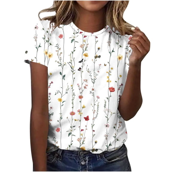 Tnhcen Women's Summer Retro Floral Print Crewneck Tops | Polyester Spandex Blend Basic Shirts | Plus Size Friendly (S-5XL) Summer Floral Tops