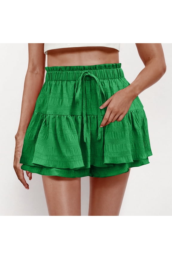 Women's Summer Ruffle Hem Drawstring Culotte Shorts Bubble Crinkle High-Waisted Elastic Waist Flowy Shorts S-2XL Multiple Colors Available