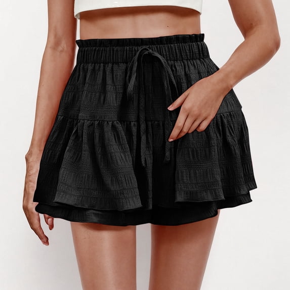 Tnhcen Women's Summer Ruffle Hem Drawstring Culotte Shorts Bubble Crinkle High-Waisted Elastic Waist Flowy Shorts S-2XL Multiple Colors Available
