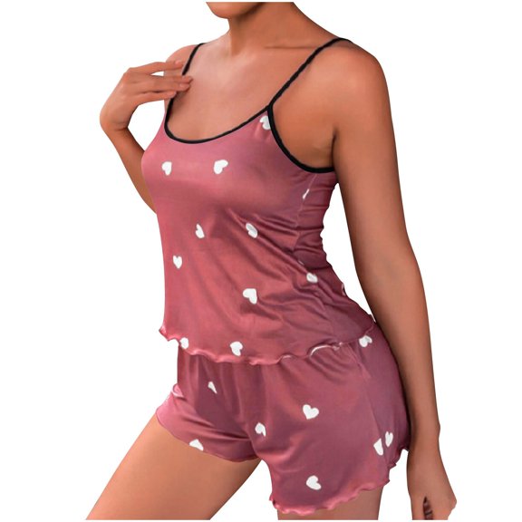 Tnhcen Women's Summer Thin Strap Tank Shorts Sleepwear Set Heart Print Two-Piece Pajama with Elastic Waist for S to 3XL
