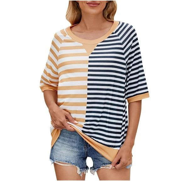 Tnhcen Women's Summer Short Sleeve Crewneck Tops | Color Block Striped Print Blouses | Plus Size Friendly S-2XL | Polyester Spandex Blend Tops