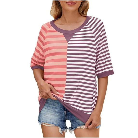 Tnhcen Women's Summer Short Sleeve Crewneck Tops | Color Block Striped Print Blouses | Plus Size Friendly S-2XL | Polyester Spandex Blend Tops