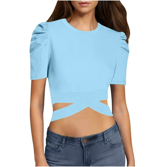 Tnhcen Women's Summer Short Sleeve Crewneck Tops | Waist Cut-Out Solid Color Blouses | Nylon Spandex Blend Plus Size (S-2XL) Casual Tops