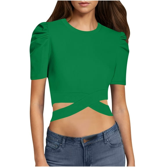 Tnhcen Women's Summer Short Sleeve Crewneck Tops | Waist Cut-Out Solid Color Blouses | Nylon Spandex Blend Plus Size (S-2XL) Casual Tops