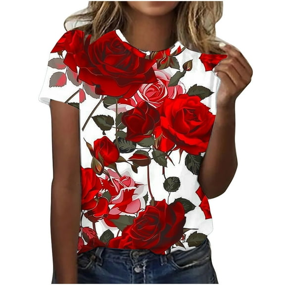 Tnhcen Women's Summer Short Sleeve Printed Crewneck Tops | Plus Size Friendly S-3XL | Polyester Spandex Blend Casual Blouses