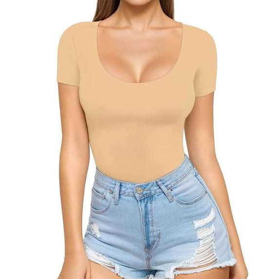 Tnhcen Women's Summer Short Sleeve Square Neck Slim Fit Blouse | Solid Color Casual Basic Tops | Plus Size Friendly Shirts (XS-2XL)