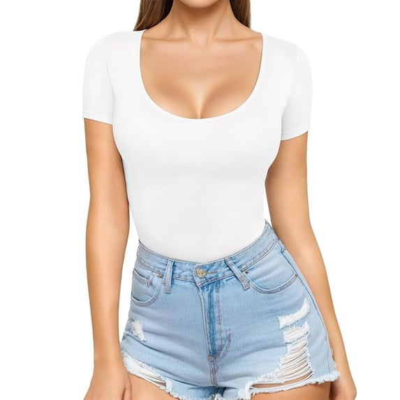 Tnhcen Women's Summer Short Sleeve Square Neck Slim Fit Blouse | Solid Color Casual Basic Tops | Plus Size Friendly Shirts (XS-2XL)
