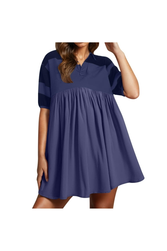 Women's Summer Short Sleeve V Neck Smock Dress Mock Button Front Casual Plus Size Tunic Dress S - 2XL Loose Fit Women's Summer Dress