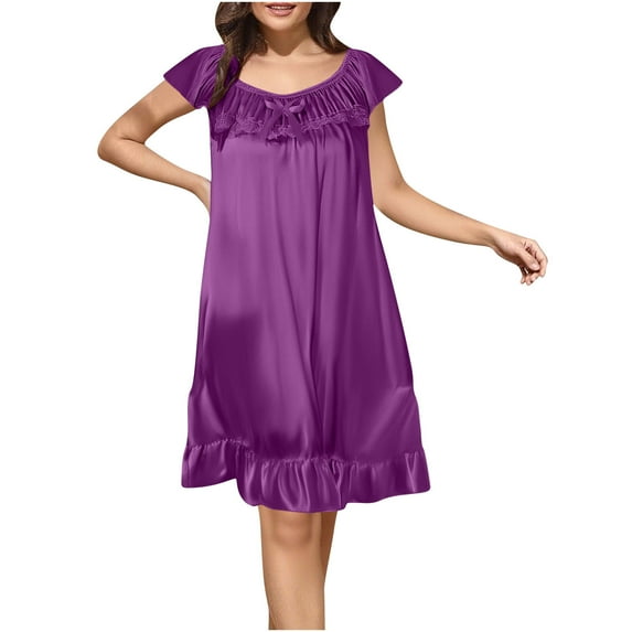 Tnhcen Women's Summer Sleep Dress Satin Nightgown Breathable Mid-Calf Length Nightwear Lace Trim Free Size Bedroom Lounge Dress Multiple Colors Available