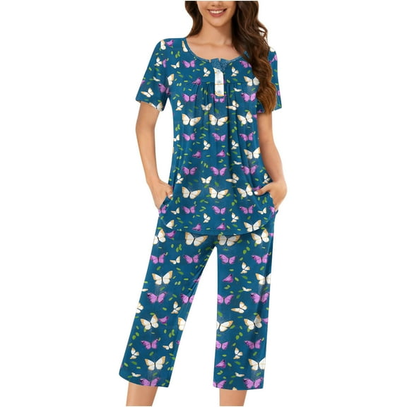 Tnhcen Women's Summer Sleepwear Sets Made Of Cotton, Including Tops And Capri Pants Nightwear