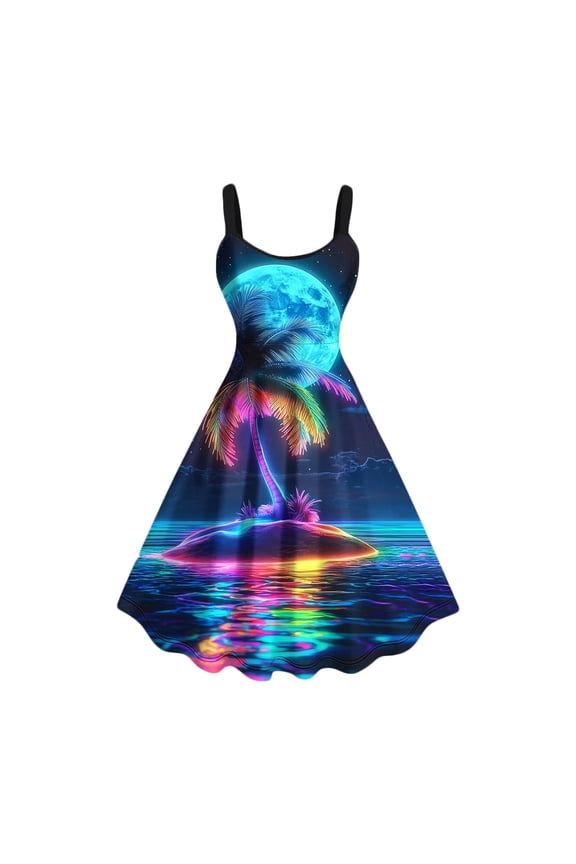 Women's Summer Sleeveless Bodycon Midi Dress, Neon Tropical Print Round Neck Dress Plus Size S-4XL Casual Party Beach Dress