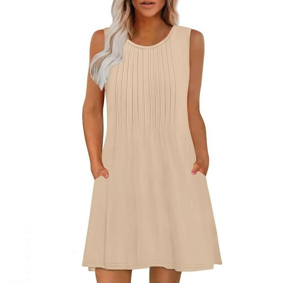 Tnhcen Women's Summer Sleeveless Pleated Round Neck Solid Color Casual Dress S - 2XL Stretchy Casual Day Dress, Plus Size Casual Dress for Women, Easy Match Casual Outfit