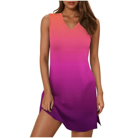 Tnhcen Women's Summer Sleeveless V-Neck Ombre Print Casual Dress with Side Slit, Plus Size S-3XL Cotton-Like Spandex Stretchy Breathable Casual Dress for Beach Daily Wear