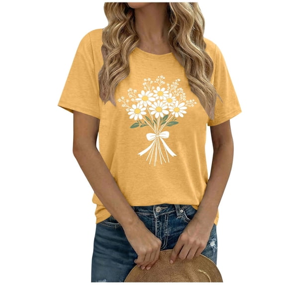 Tnhcen Women's Summer Slim Fit Casual Floral Print Round Neck Short Sleeve T - Shirt 95% Polyester 5% Spandex Cotton - Like Stretch S - 2XL Plus Size Floral Tee