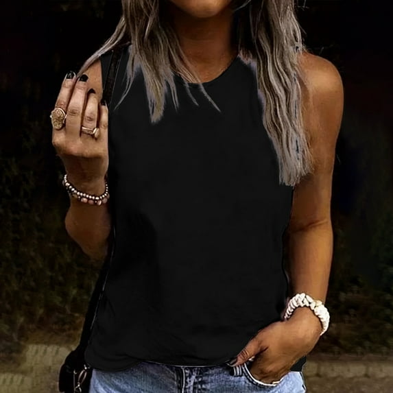 Tnhcen Women's Summer Solid Color Casual Round Neck Loose Sleeveless T-Shirt Personalized Essential Style S-2XL