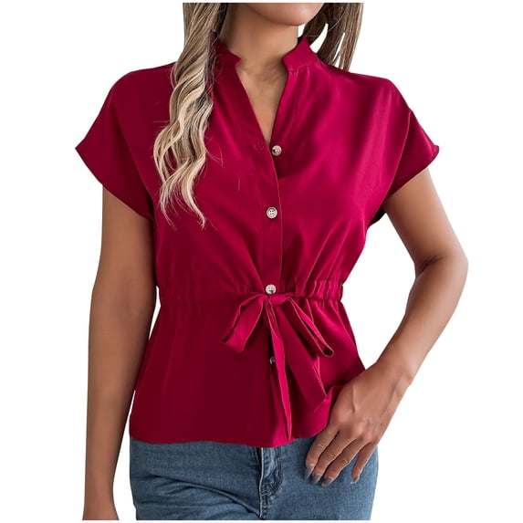 Tnhcen "Women's Summer Solid Color Stand Collar Button-Up Shirt - Blend Drawstring Waist Blouse | Casual Short Sleeve Daily Tops S-XL