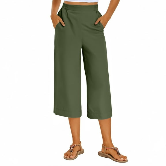 Tnhcen Women's Summer Solid High-Waist Wide-Leg Split Hem 7/8 Pants with Side Pockets - Stretchy Breathable & Flattering Capri Pants S-2XL
