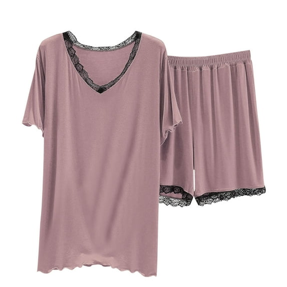 Tnhcen Women's Summer Solid Pajama Sets Sleepwear 2 Piece Short-Sleeved Top and Shorts Set V Neck Lace Pjs Set M-L