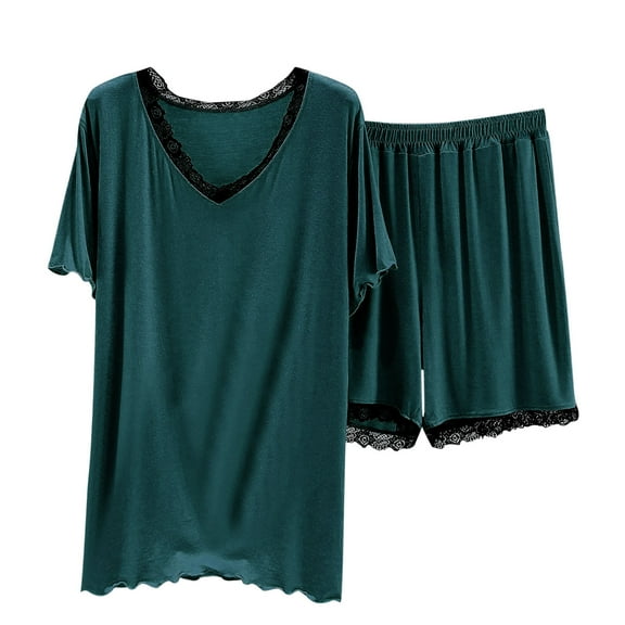 Tnhcen Women's Summer Solid Pajama Sets Sleepwear 2 Piece Short-Sleeved Top and Shorts Set V Neck Lace Pjs Set M-L