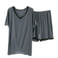 thumbnail image 1 of Tnhcen Women's Summer Solid Pajama Sets Sleepwear 2 Piece Short-Sleeved Top and Shorts Set V Neck Lace Pjs Set M-L, 1 of 5