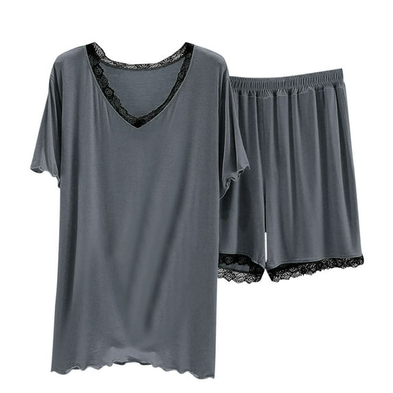 Tnhcen Women's Summer Solid Pajama Sets Sleepwear 2 Piece Short-Sleeved Top and Shorts Set V Neck Lace Pjs Set M-L