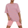 thumbnail image 1 of Tnhcen Women's Summer Striped Crewneck Short Sleeve Sleepwear Set | Matching Shorts | S-3XL | Polyester Spandex Loungewear, 1 of 5
