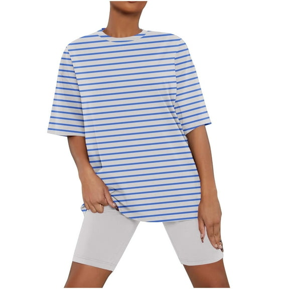 Tnhcen Women's Summer Striped Crewneck Short Sleeve Sleepwear Set | Matching Shorts | S-3XL | Polyester Spandex Loungewear
