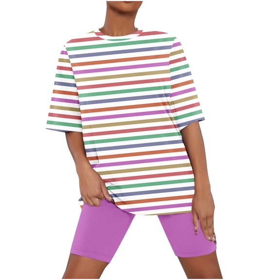 Tnhcen Women's Summer Striped Crewneck Short Sleeve Sleepwear Set | Matching Shorts | S-3XL | Polyester Spandex Loungewear