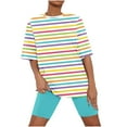thumbnail image 1 of Tnhcen Women's Summer Striped Crewneck Short Sleeve Sleepwear Set | Matching Shorts | S-3XL | Polyester Spandex Loungewear, 1 of 5