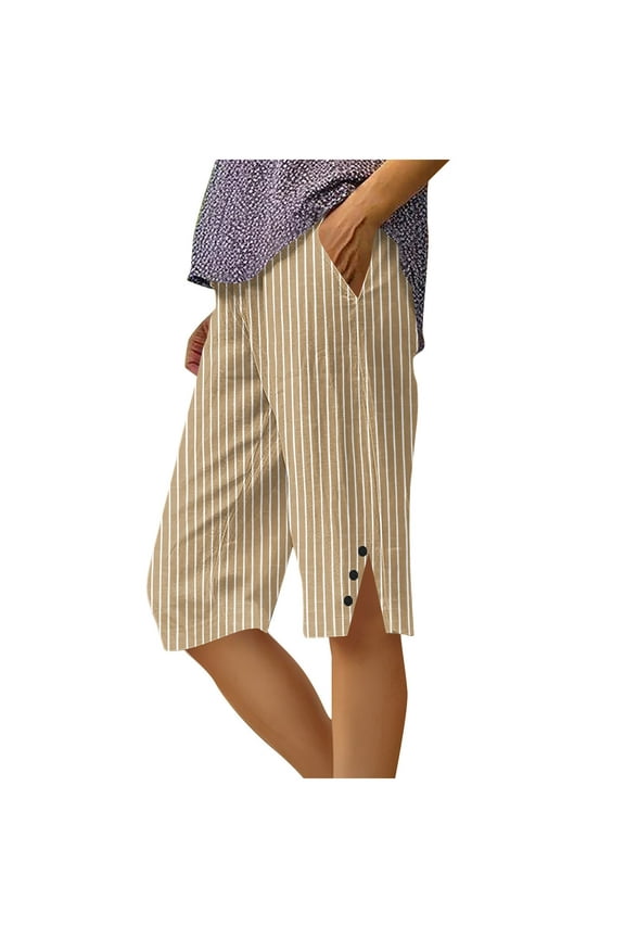 Women's Summer Striped Half Pants - Loose Straight Leg Knee-Length Pants with Pockets & Side Slit Buttons S-2XL Breathable & Comfy for Every Occasion