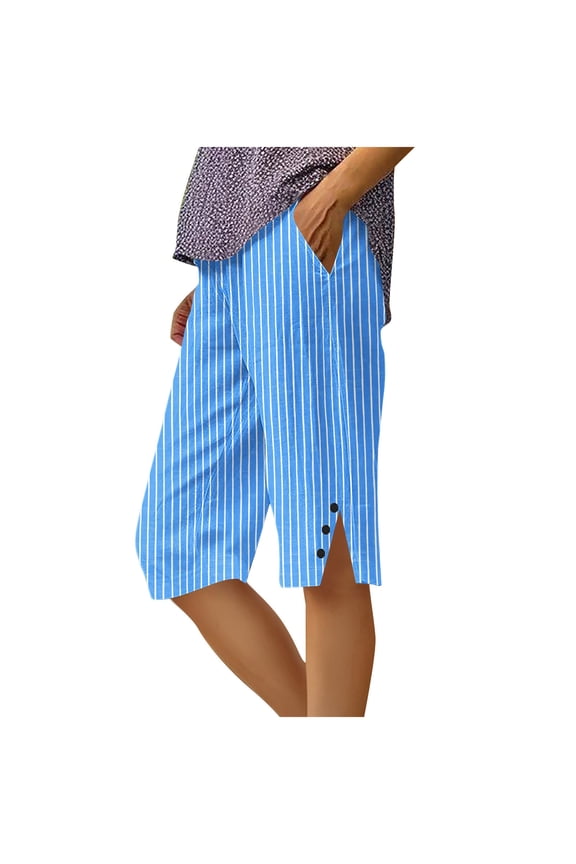 Women's Summer Striped Half Pants - Loose Straight Leg Knee-Length Pants with Pockets & Side Slit Buttons S-2XL Breathable & Comfy for Every Occasion
