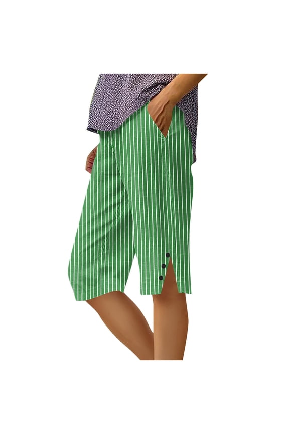 Women's Summer Striped Half Pants - Loose Straight Leg Knee-Length Pants with Pockets & Side Slit Buttons S-2XL Breathable & Comfy for Every Occasion