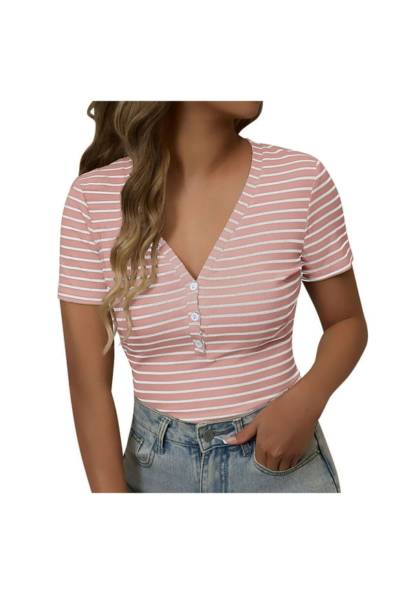 Women's Summer Striped V-Neck Button-Front Ruffled Top Plus Size Casual Essential S-2XL Breathable Summer Shirt