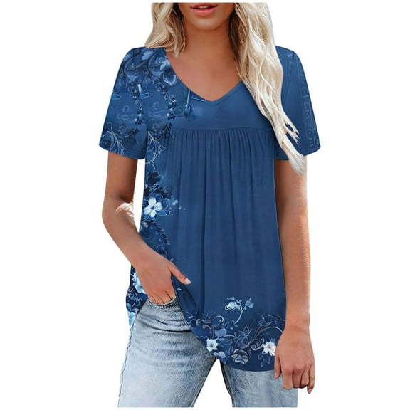 Tnhcen Women's Summer V-Neck Print Short Sleeve Blouses | Front Pleated Plus Size S-2XL | Loose Comfortable Casual Tops