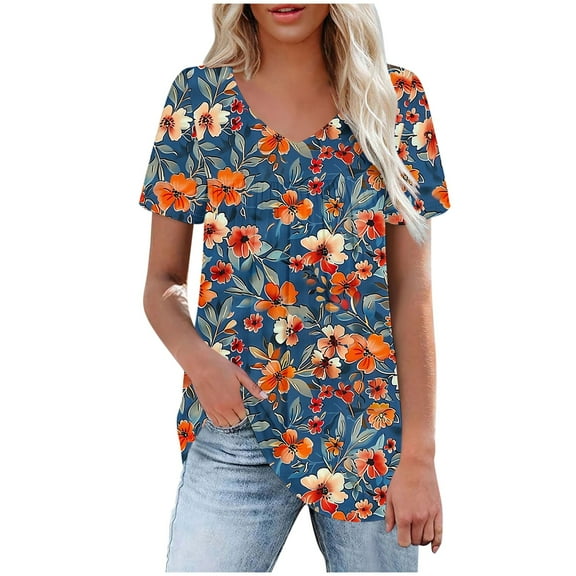 Tnhcen Women's Summer V-Neck Print Short Sleeve Blouses | Front Pleated Plus Size S-2XL | Loose Comfortable Casual Tops
