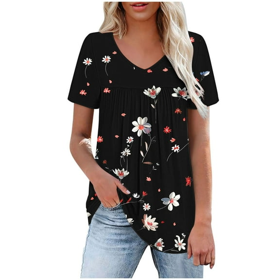 Tnhcen Women's Summer V-Neck Print Short Sleeve Blouses | Front Pleated Plus Size S-2XL | Loose Comfortable Casual Tops