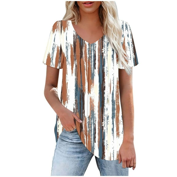 Tnhcen Women's Summer V-Neck Print Short Sleeve Blouses | Front Pleated Plus Size S-2XL | Loose Comfortable Casual Tops